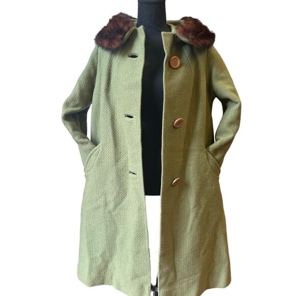 Rare Vintage 1950s - 60s  Bettyjean Green Swing Coat Real Fur Collar SZ. 8 MCM - Picture 2 of 16